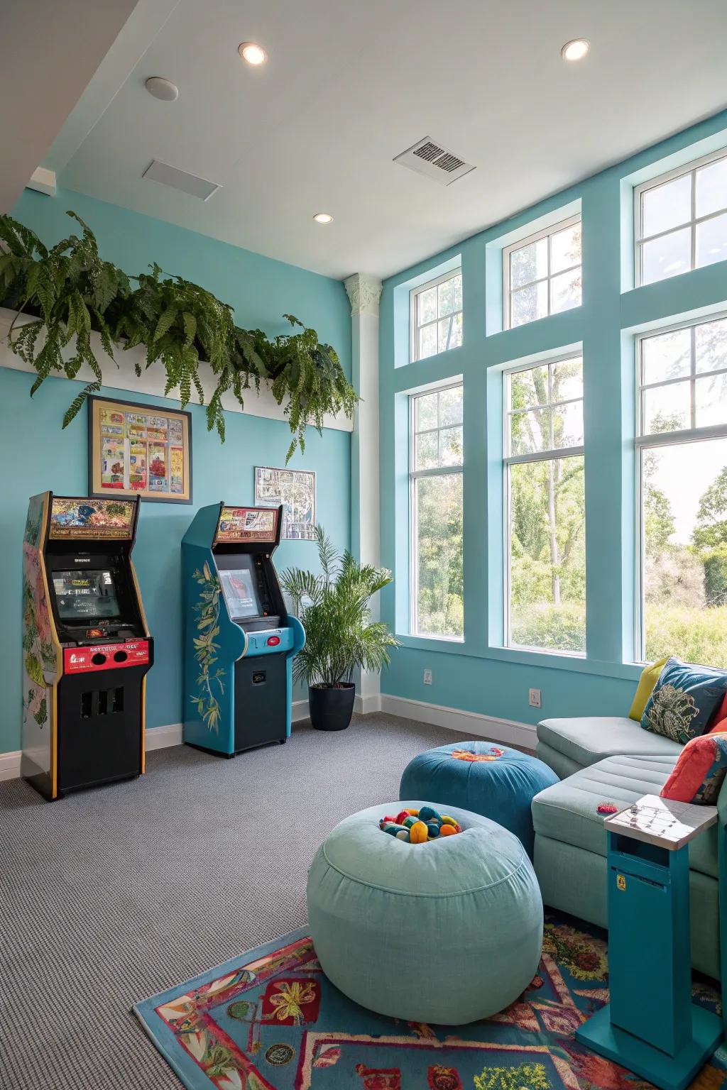Sky blue paint creates a soothing, expansive atmosphere in game rooms.