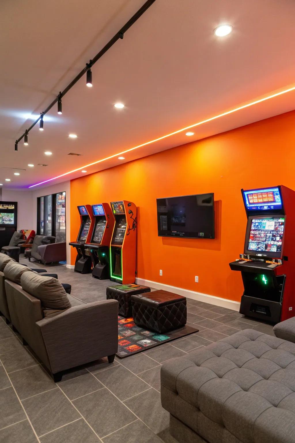 Bright electric orange accent wall elevates game room energy.