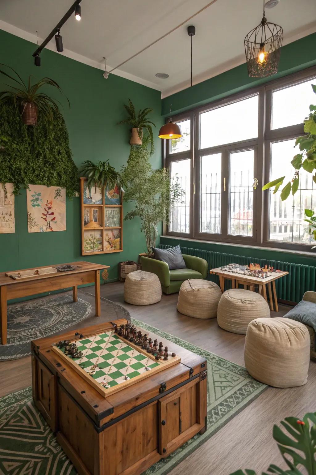 Green hues induce relaxation and natural freshness in gaming zones.