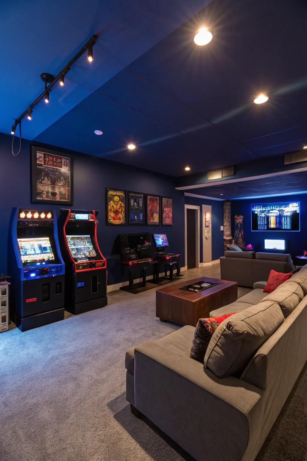 Dark blue walls foster concentration and immersive ambiance.