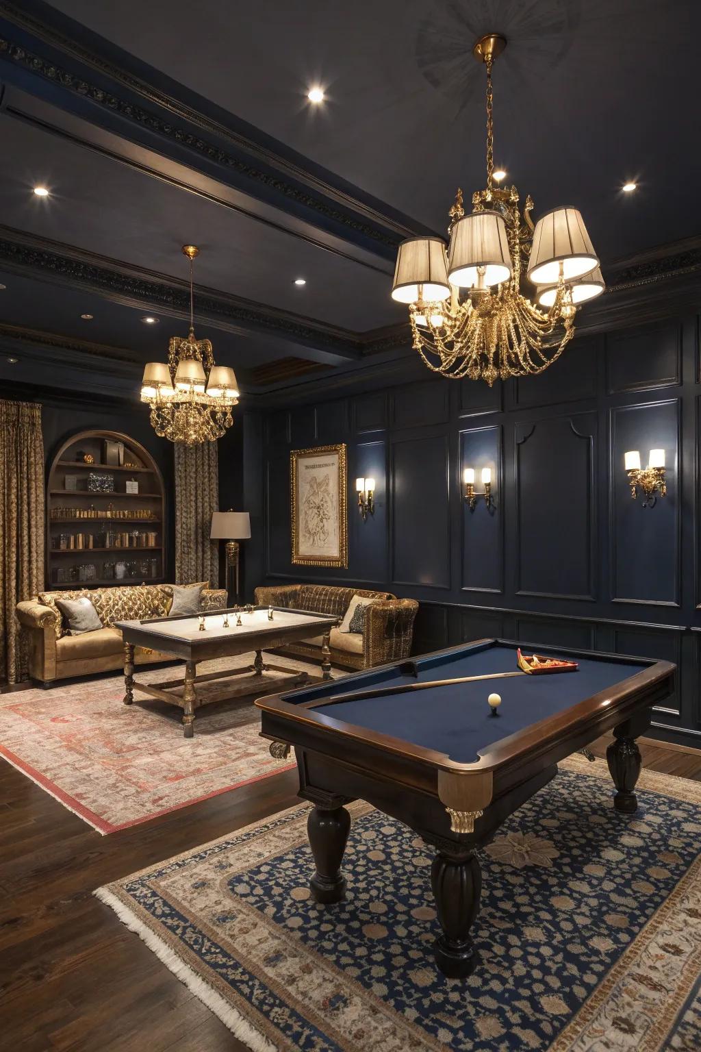Rich dark colors promote an intimate and plush ambiance.