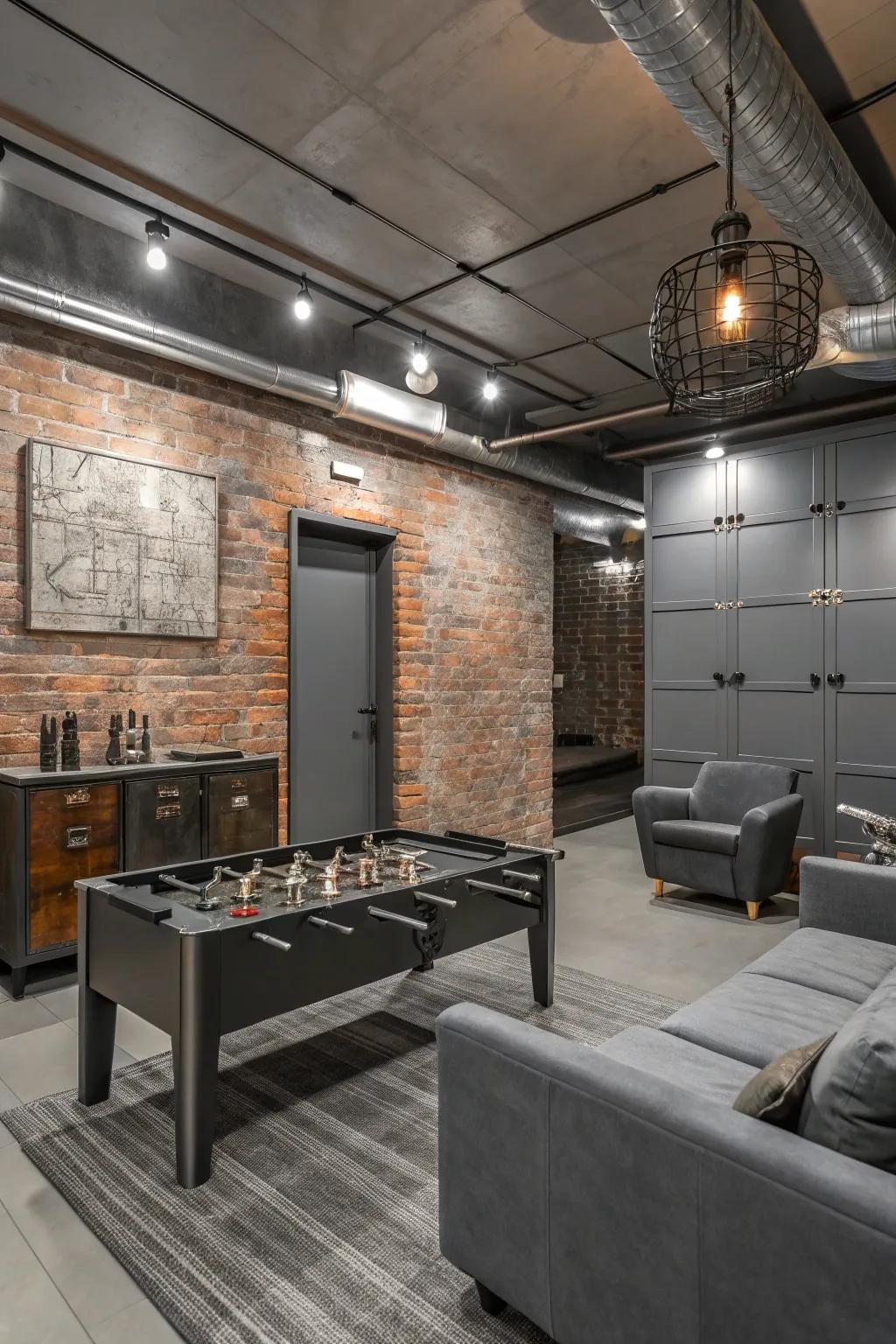 An industrial-inspired game room with metallic touches and minimalism.