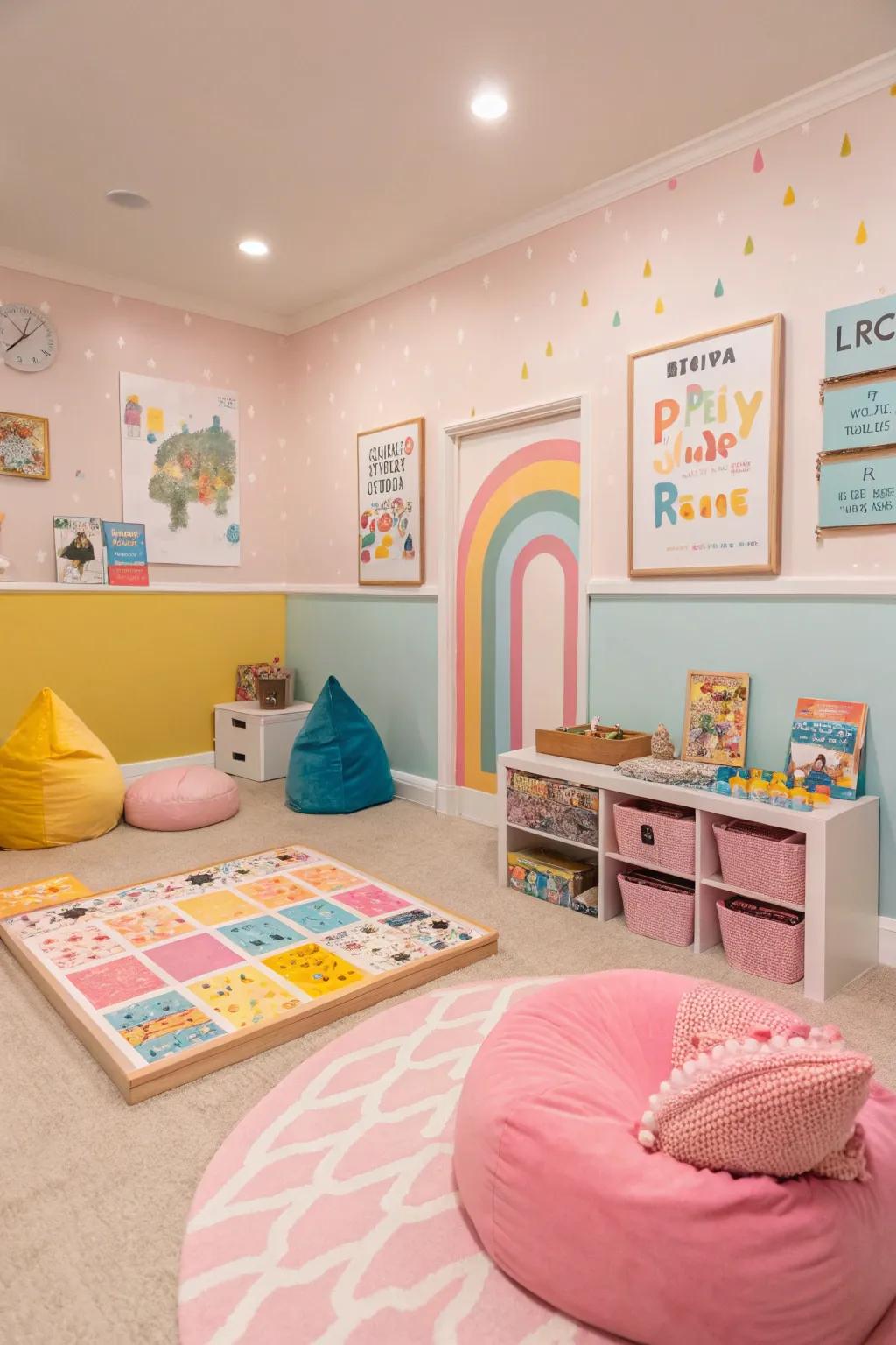 Gentle pastel colors create a cheerful and inviting game room atmosphere.