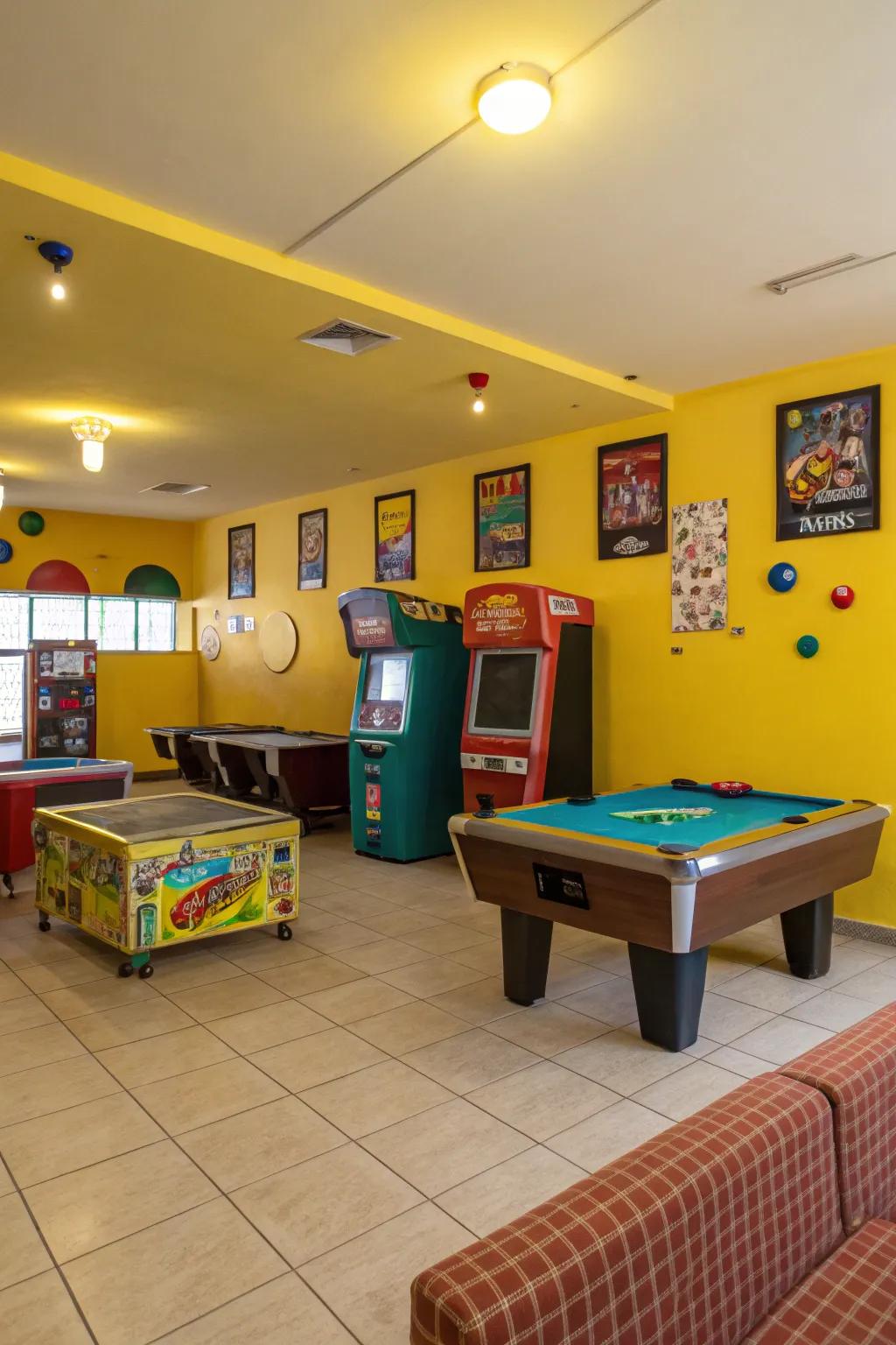 Sunny yellow walls energize and uplift game rooms.