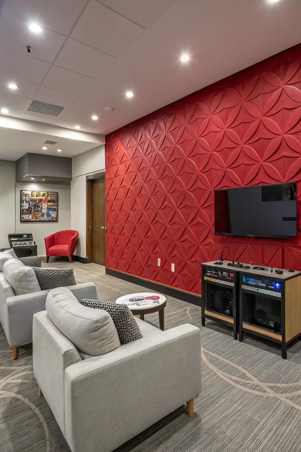 Bold red accent wall energizes and spotlights the gaming area.