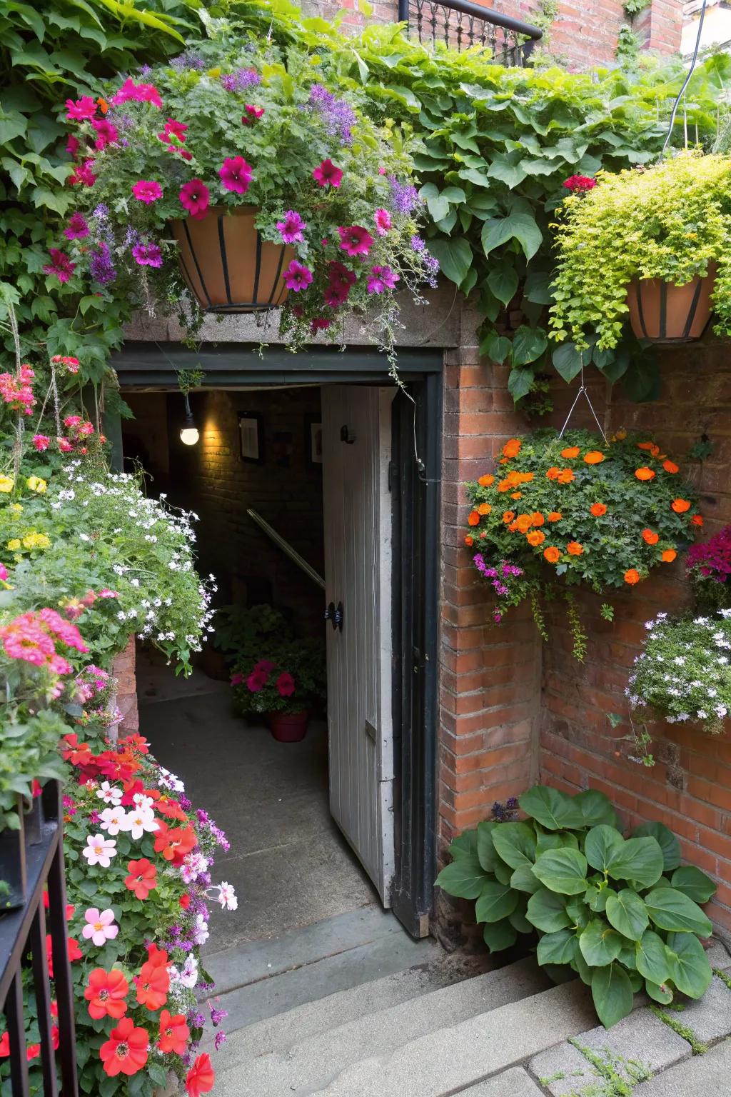 Fresh plants brighten basement doorway