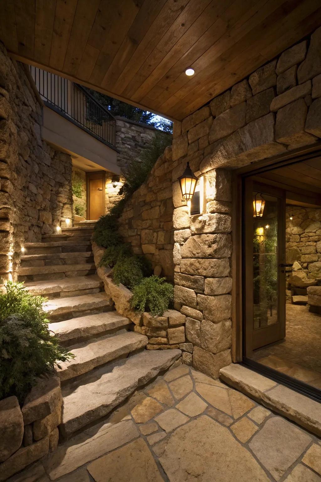 Rustic stone enhances basement entryway