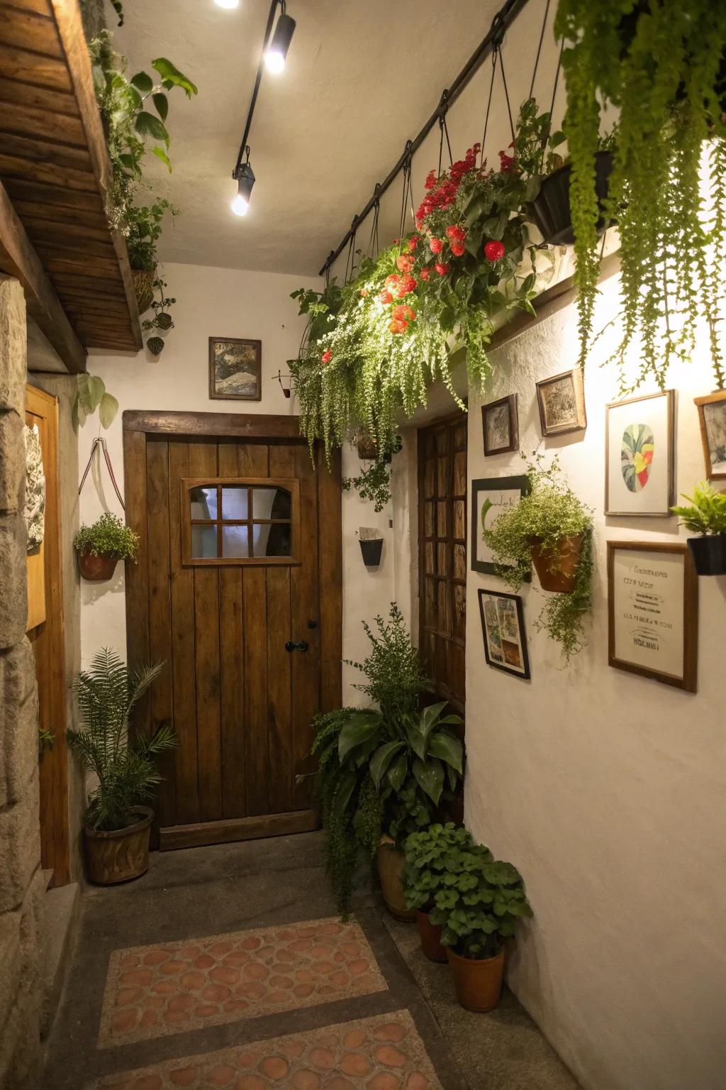 Hanging planters decorating basement entrance