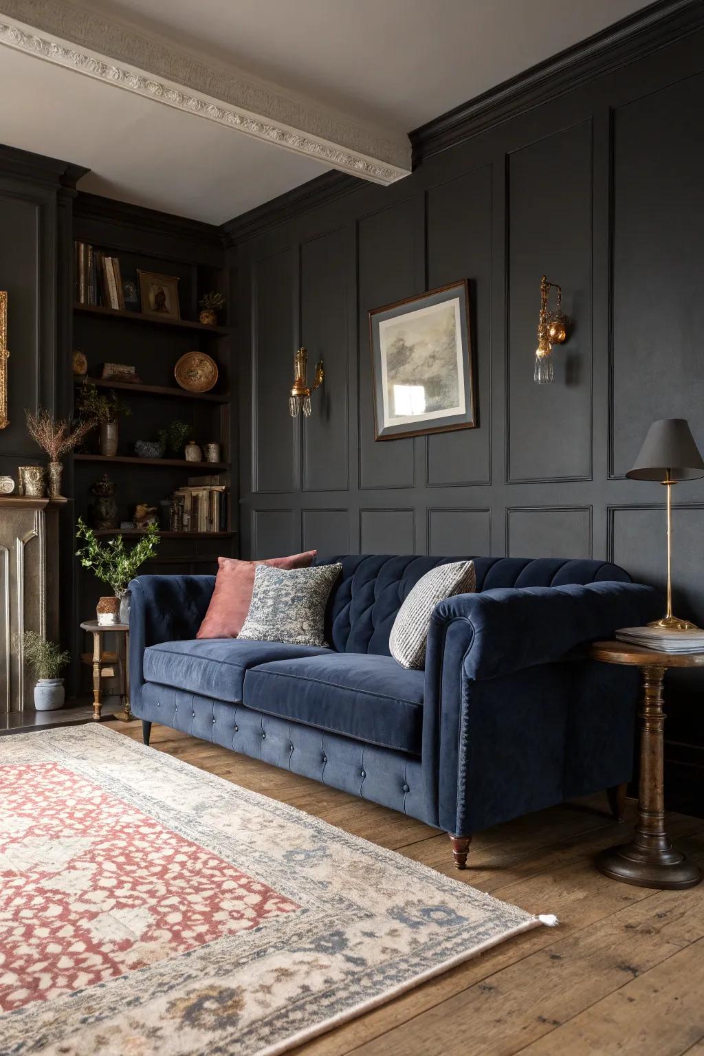 Charcoal-painted living room complemented by a midnight blue velvet sofa