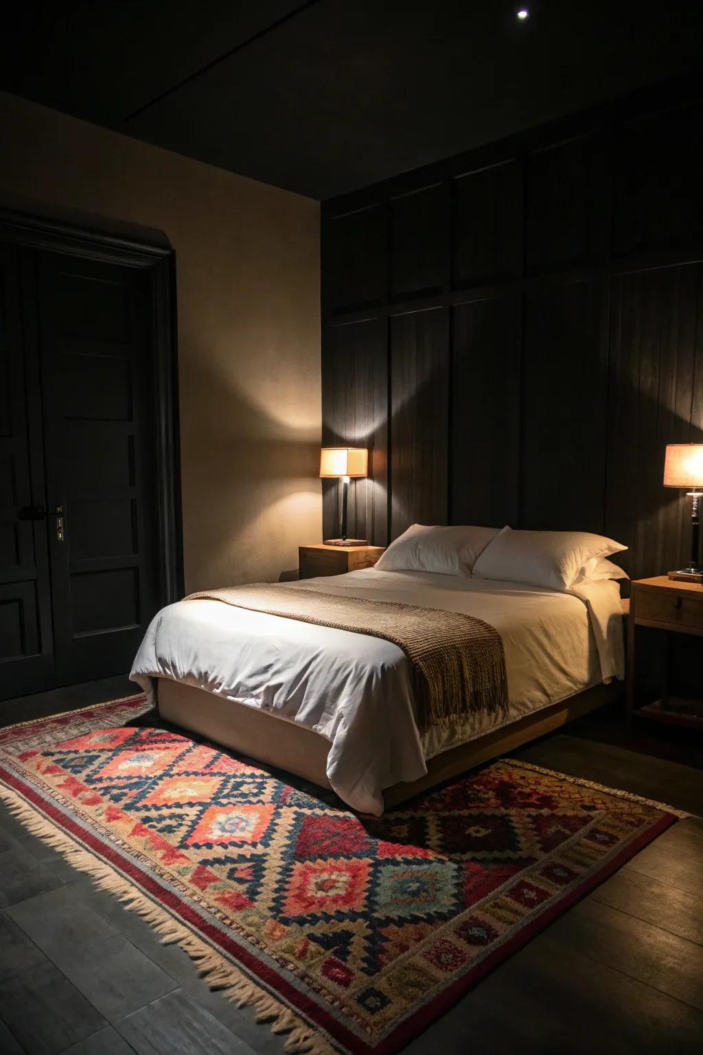 Dark bedroom with white bedding and patterned rug for contrast