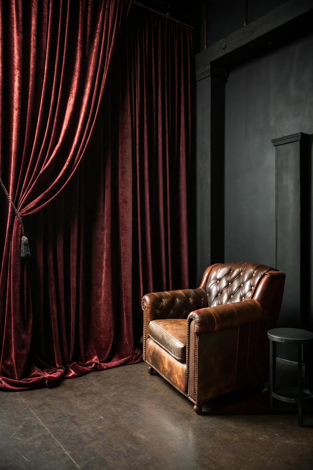 Elegant interior with velvet drapes and a dark leather armchair