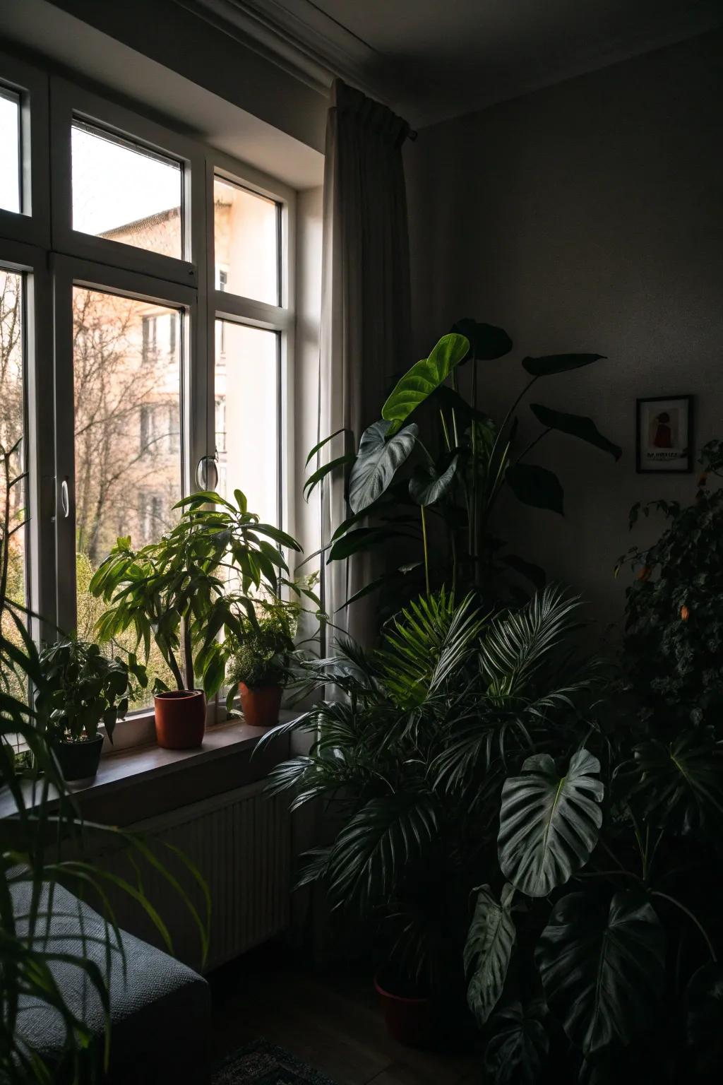 Dark interior space warmed by vibrant plants near the window
