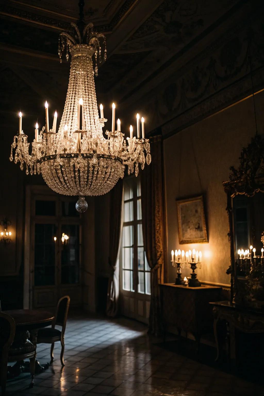 Dark room softly lit by a sparkling crystal chandelier
