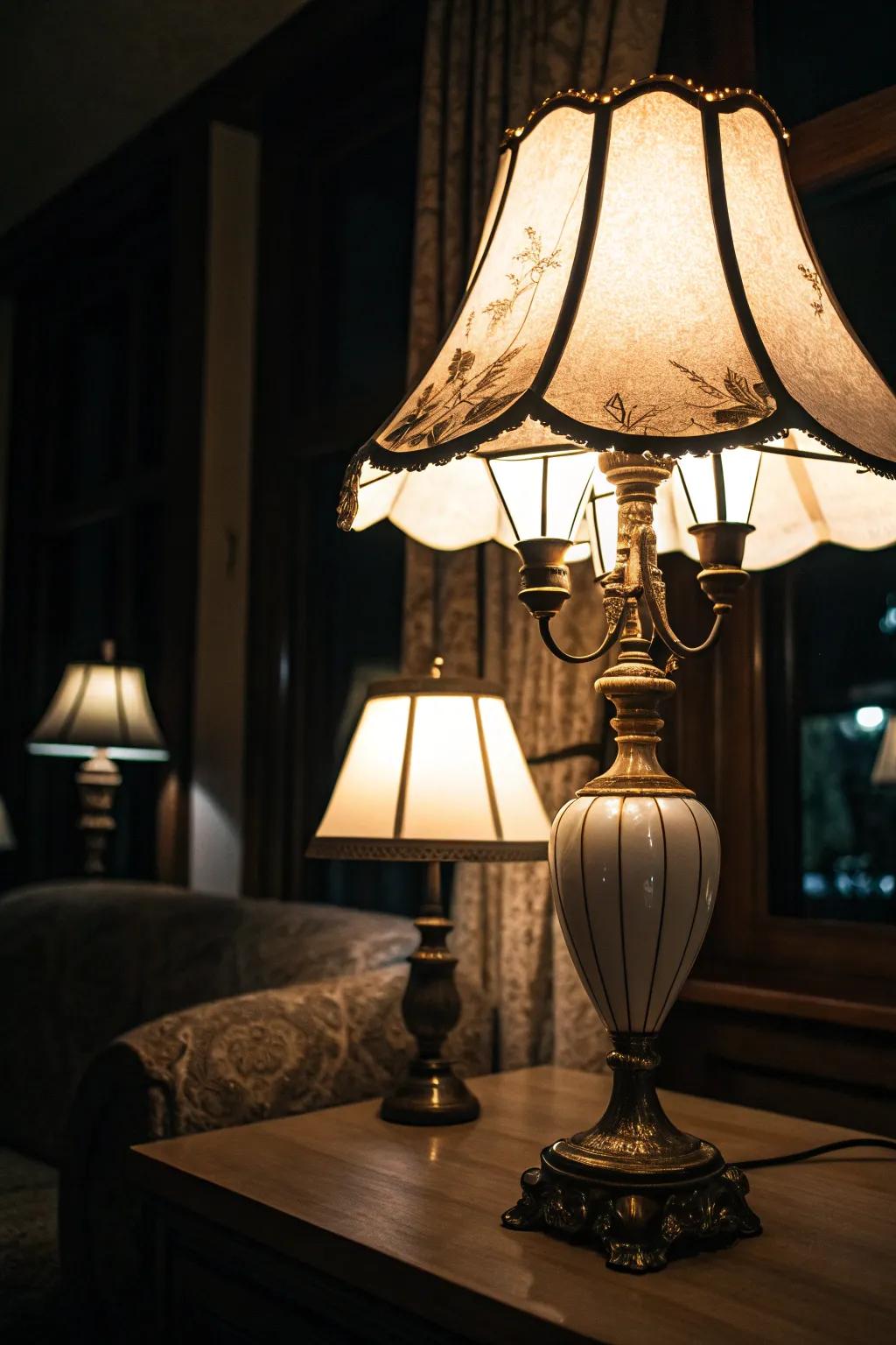 Lamp glowing with warm white lightbulbs in a cozy dark room