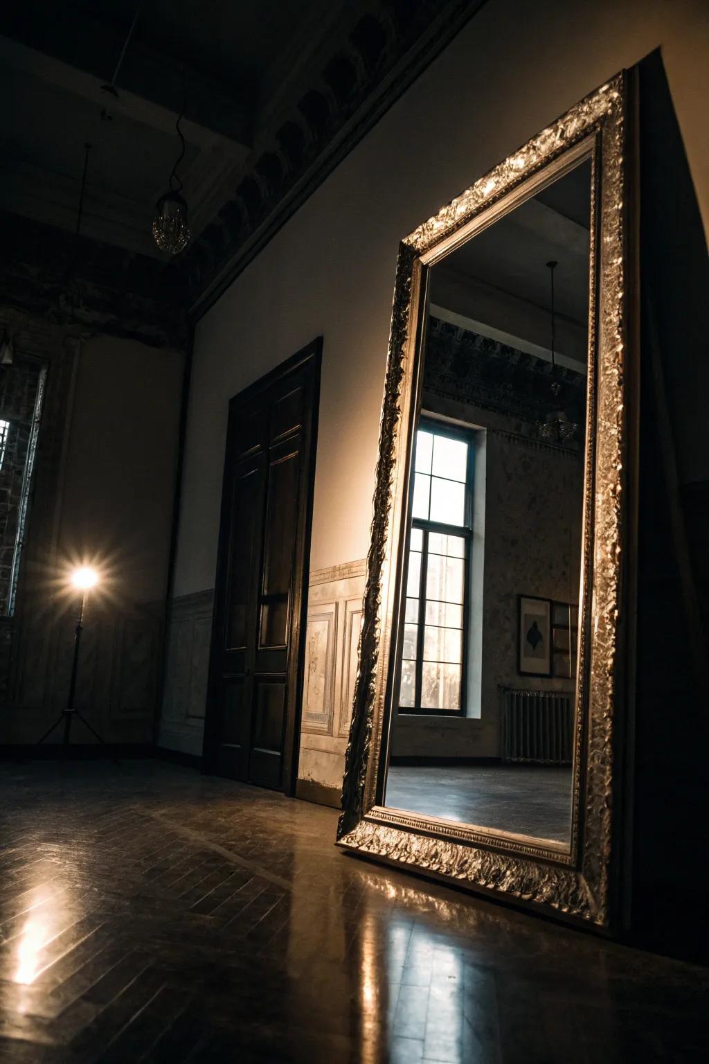 Large mirror reflecting light to open up a dark space
