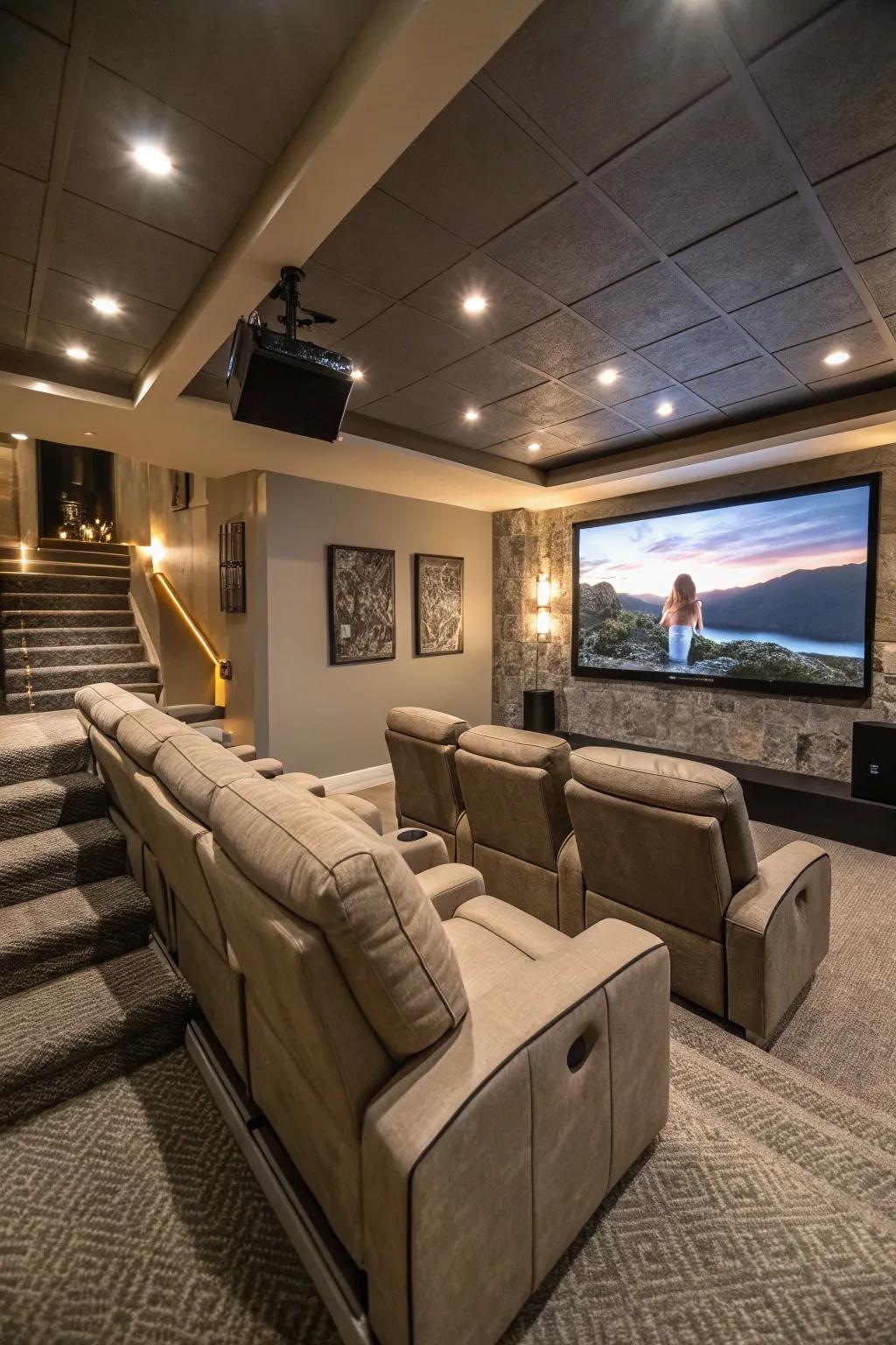Reclining chairs arranged in a home cinema setup.