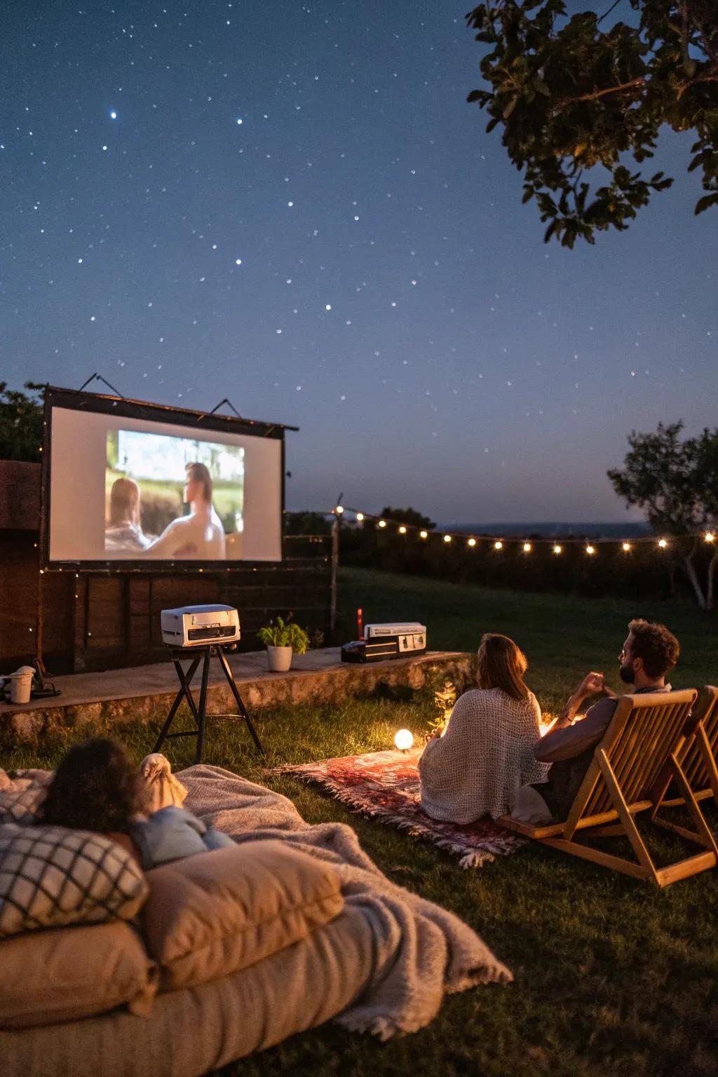 Cozy outdoor movie theater with projector and string lights.