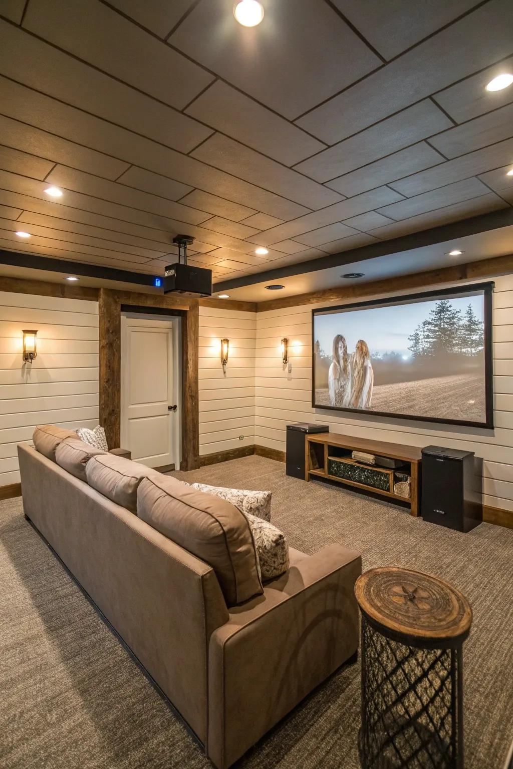 Cozy basement home theater with shiplap walls and plush seating