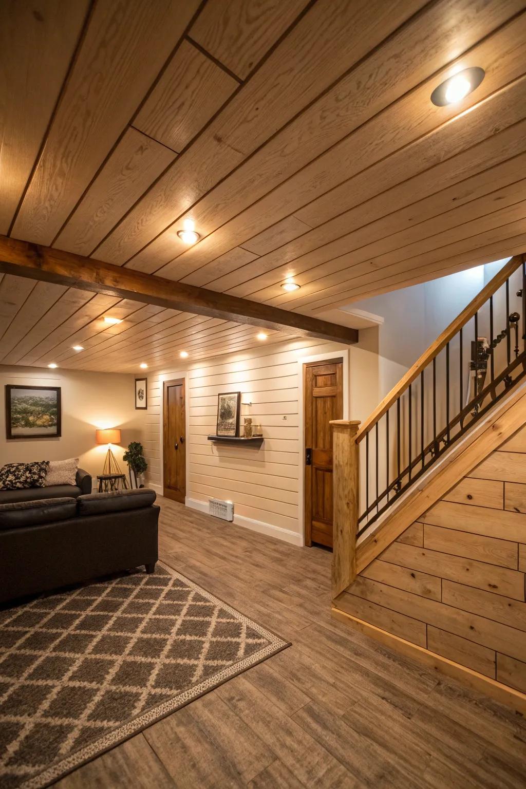 Basement with warm and inviting shiplap ceiling