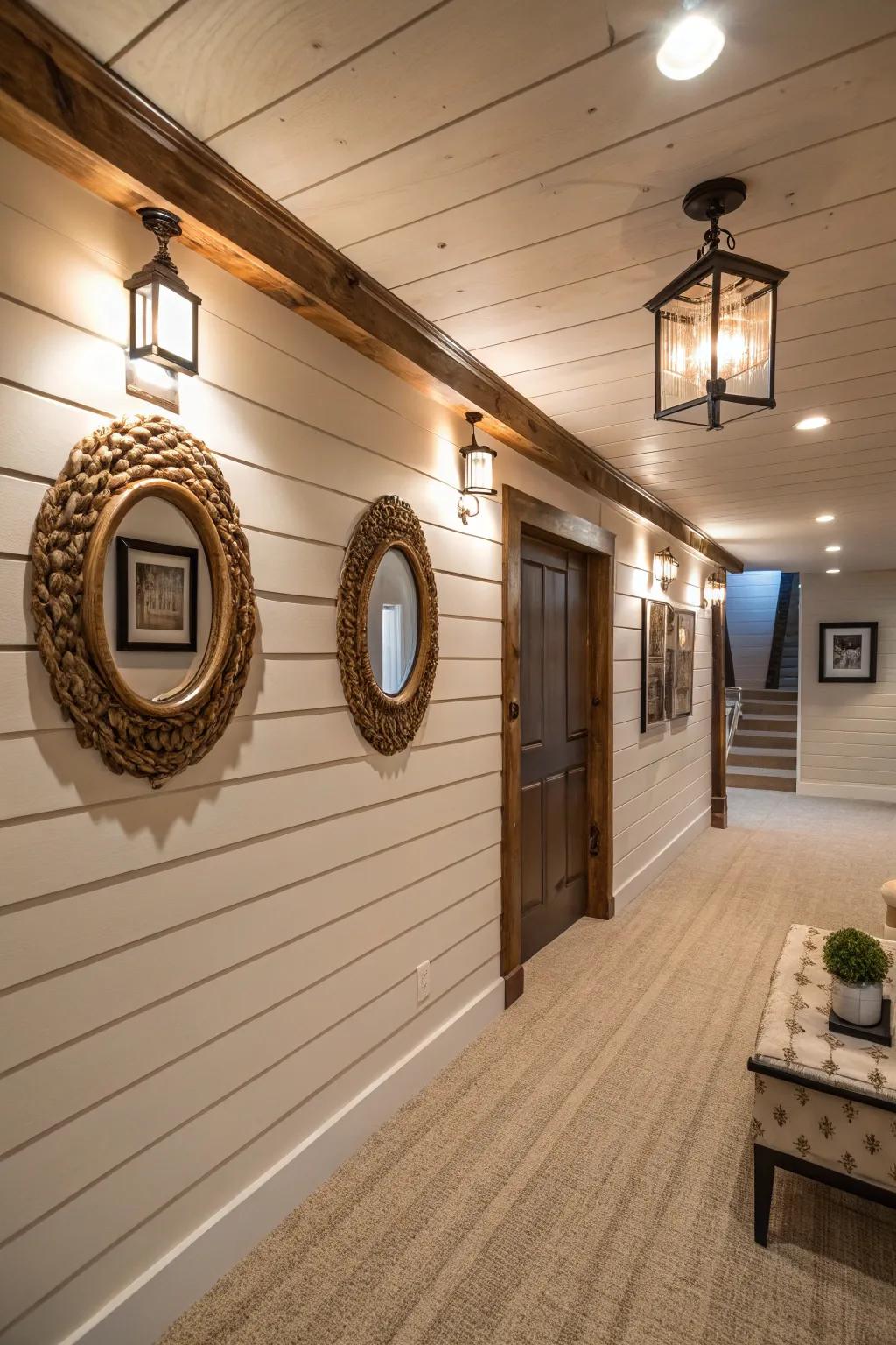 Bright basement featuring shiplap walls and decorative mirrors