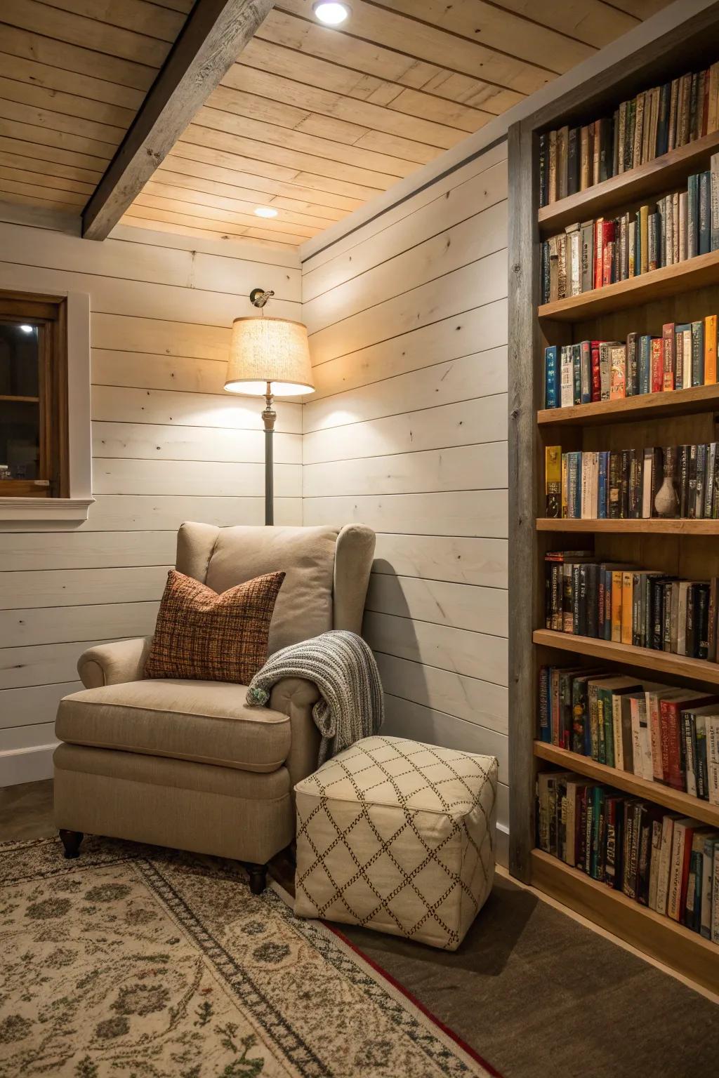 Cozy shiplap reading nook with plush chair and lamp