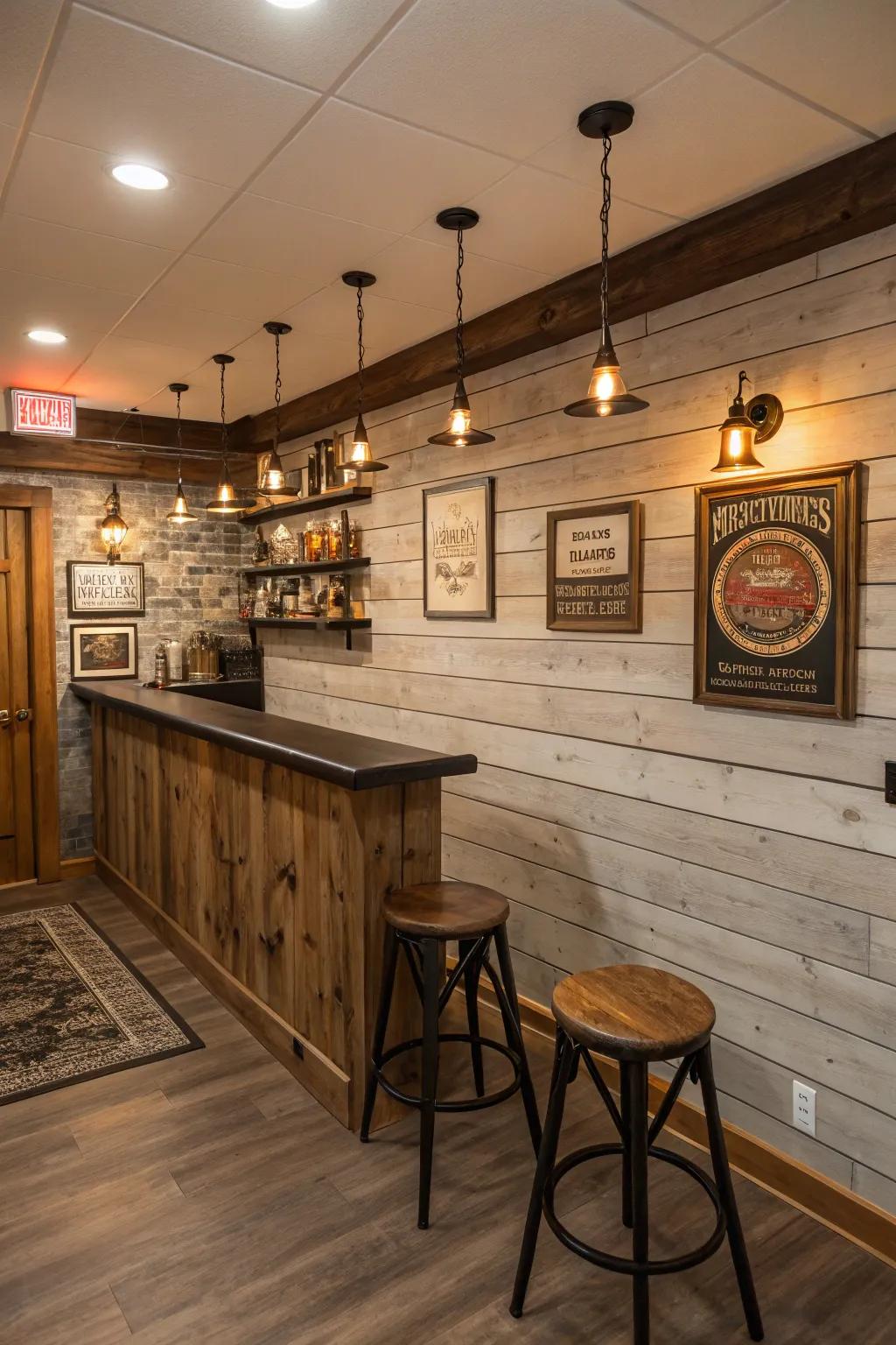Rustic basement bar with wood shiplap walls and seating