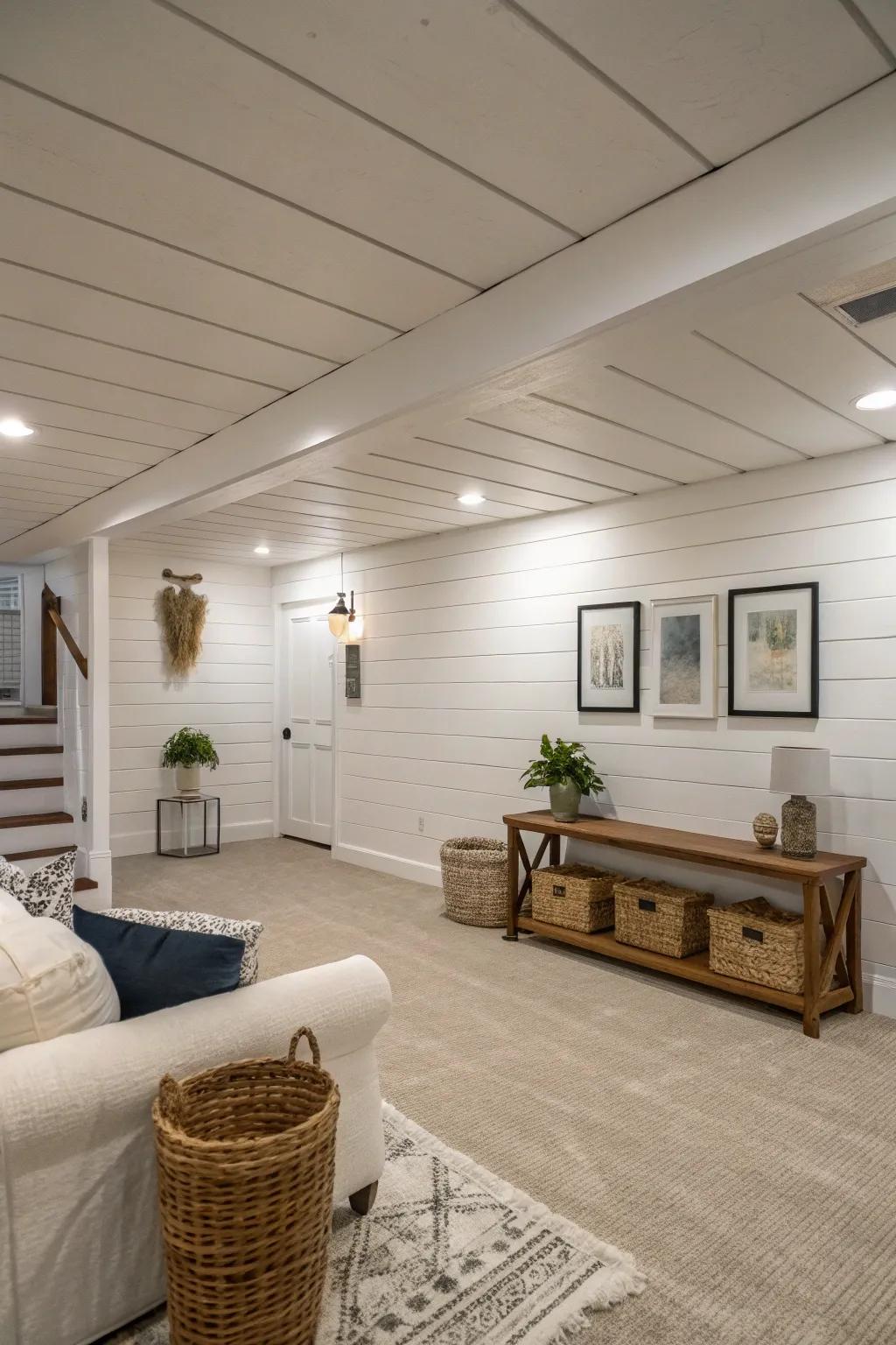 Bright basement featuring classic white shiplap walls and minimalist setup