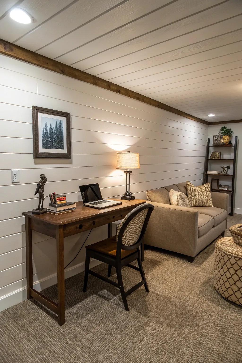 Open basement with shiplap dividers creating separate functional areas
