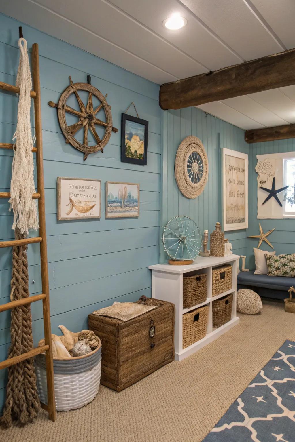 Seaside-inspired basement decorated with blue shiplap walls