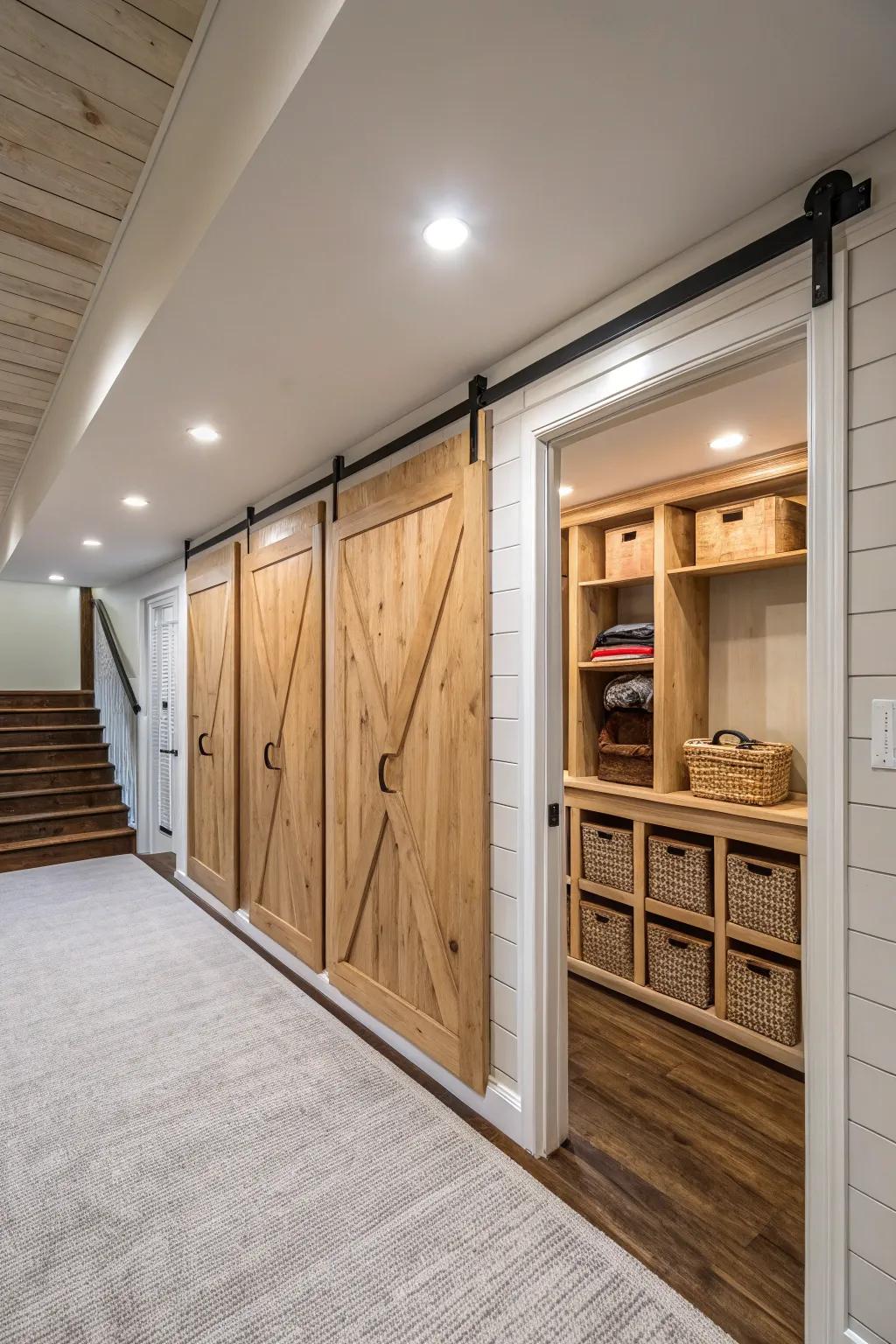 A basement outfitted with shiplap walls integrating hidden storage