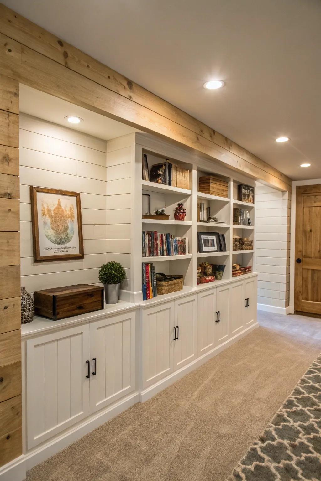 Shiplap accent wall featuring built-in shelves in basement