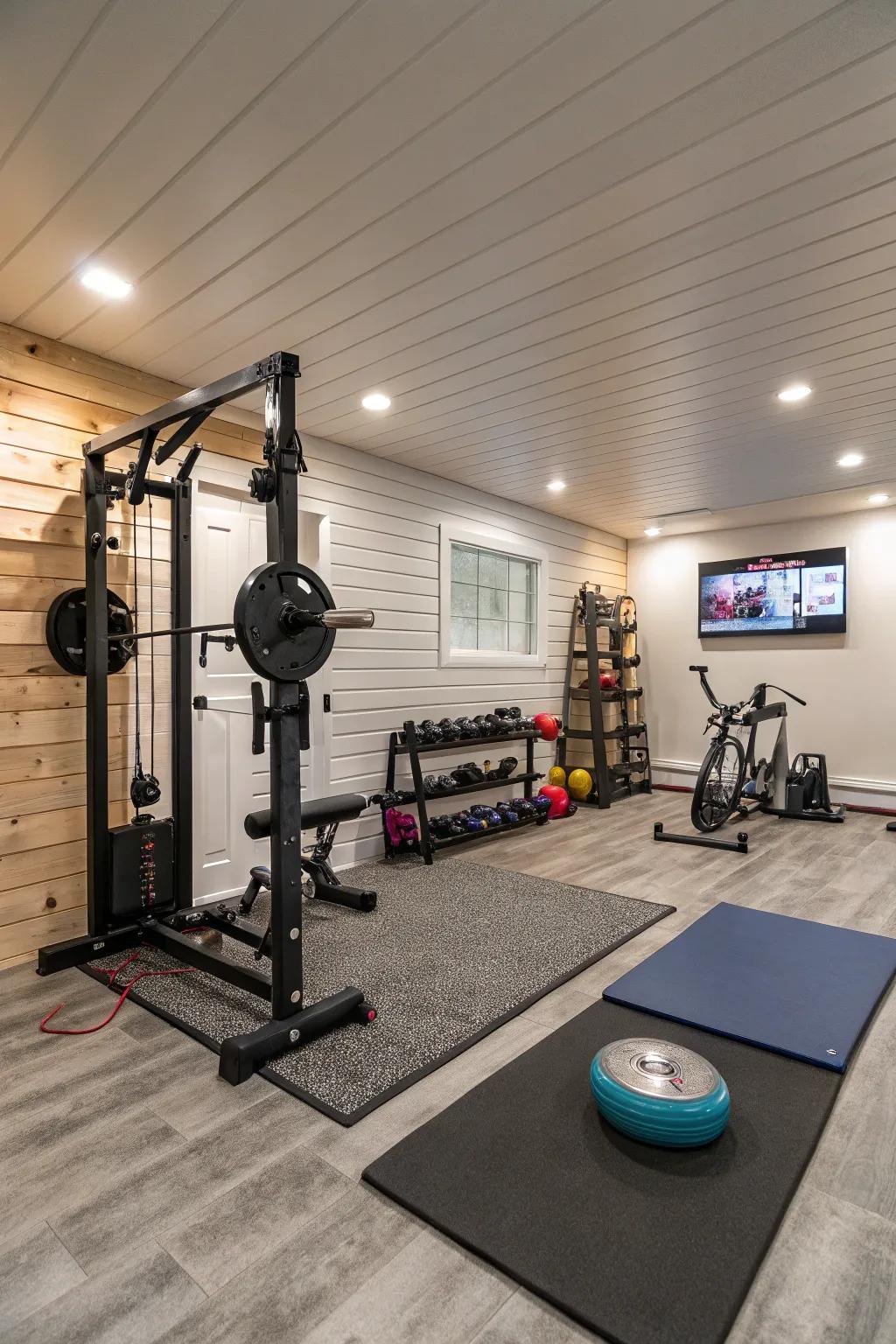 Contemporary home gym decorated with shiplap walls