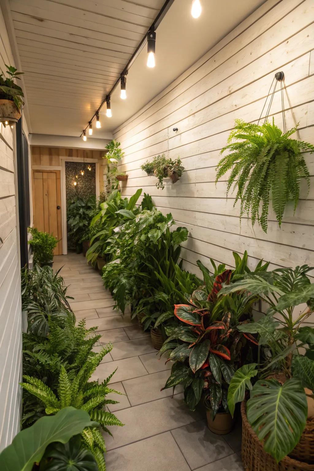 Basement boasting shiplap walls adorned with lush indoor plants