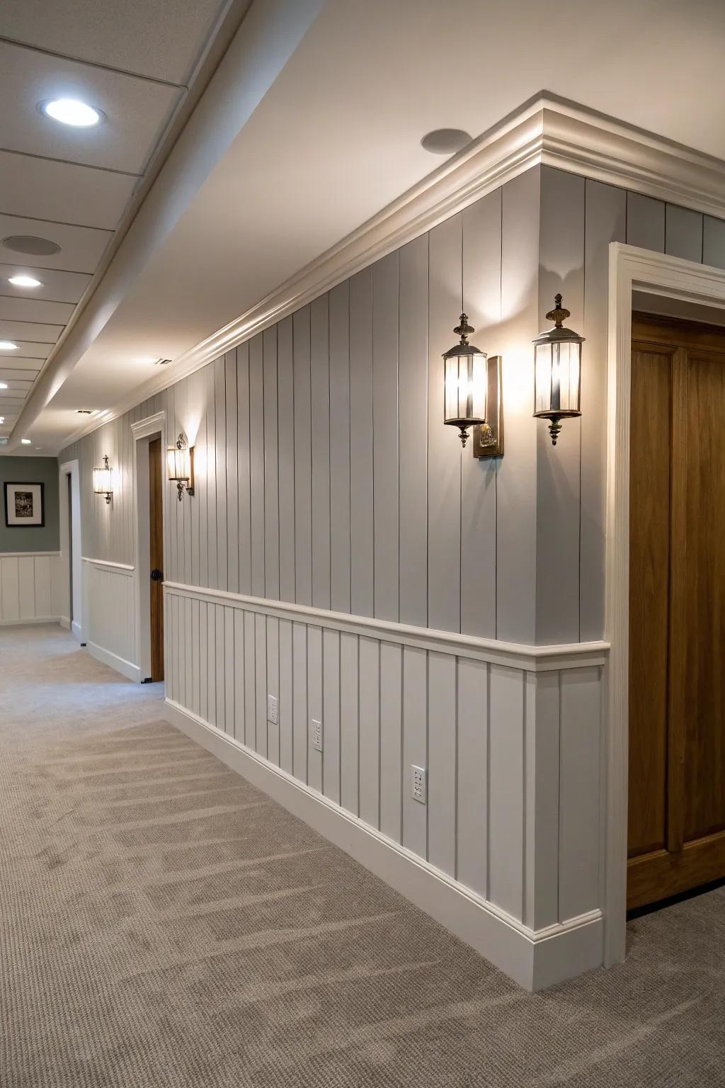 Basement featuring vertical shiplap walls creating height