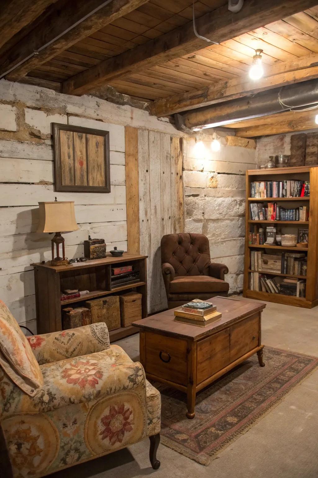 Basement styled with vintage distressed shiplap walls