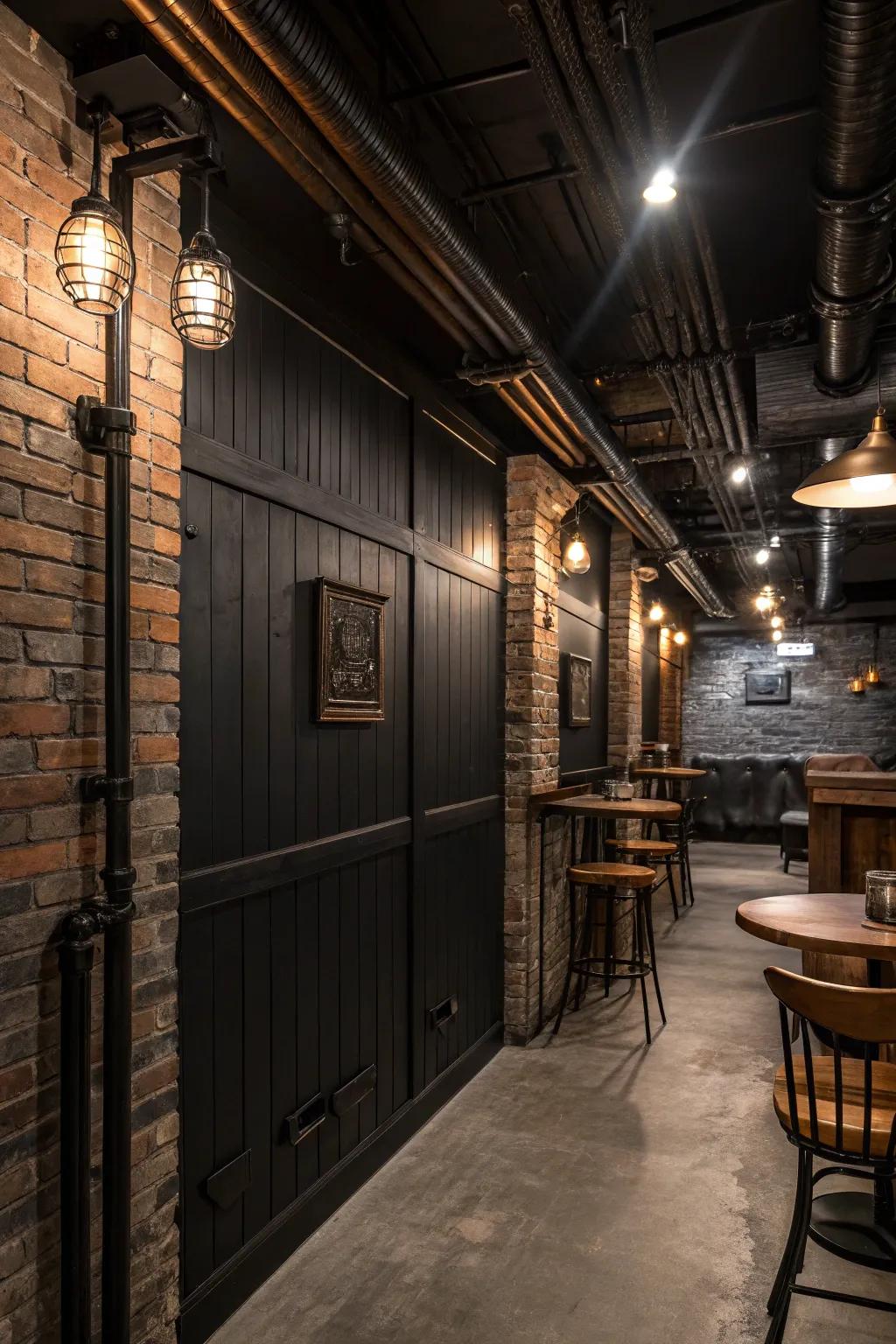 Industrial-style basement with dark shiplap walls and metal fixtures