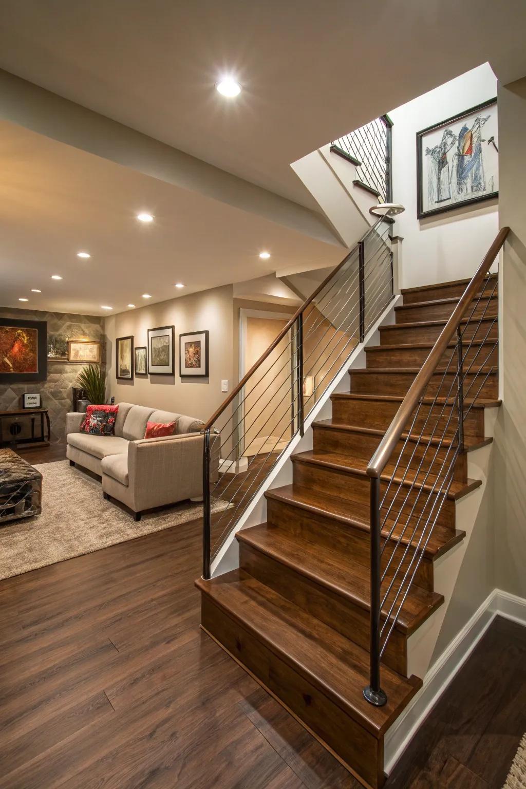 Stylish staircase integration in basement design