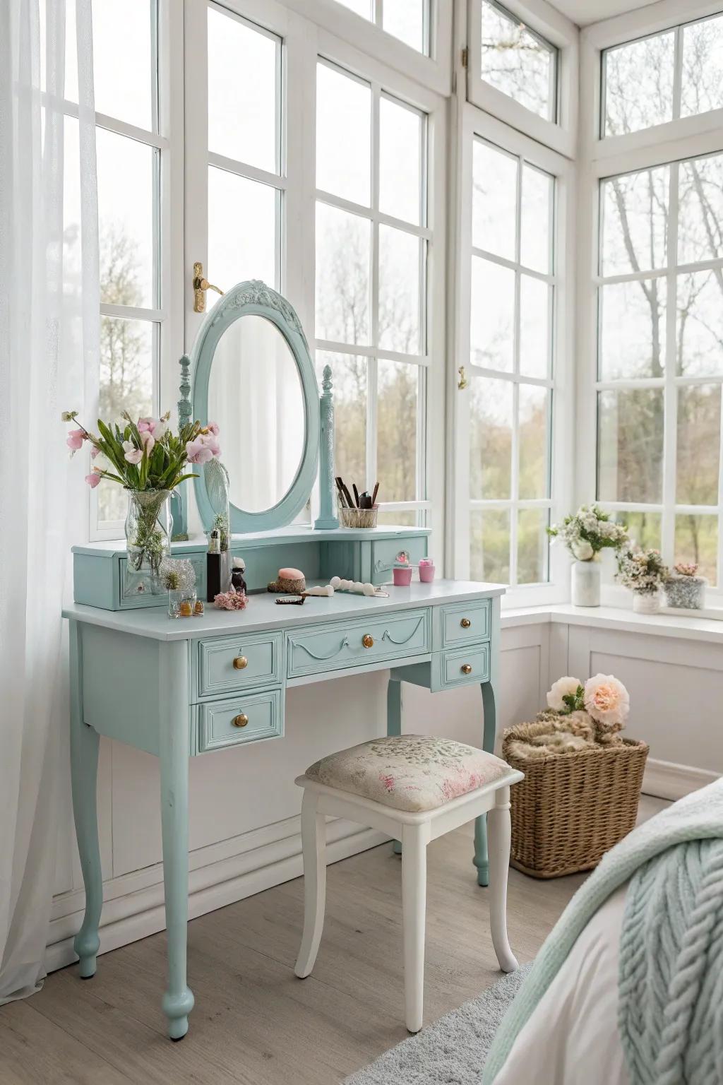 Cream and pastel hues create a soothing vintage vanity atmosphere.