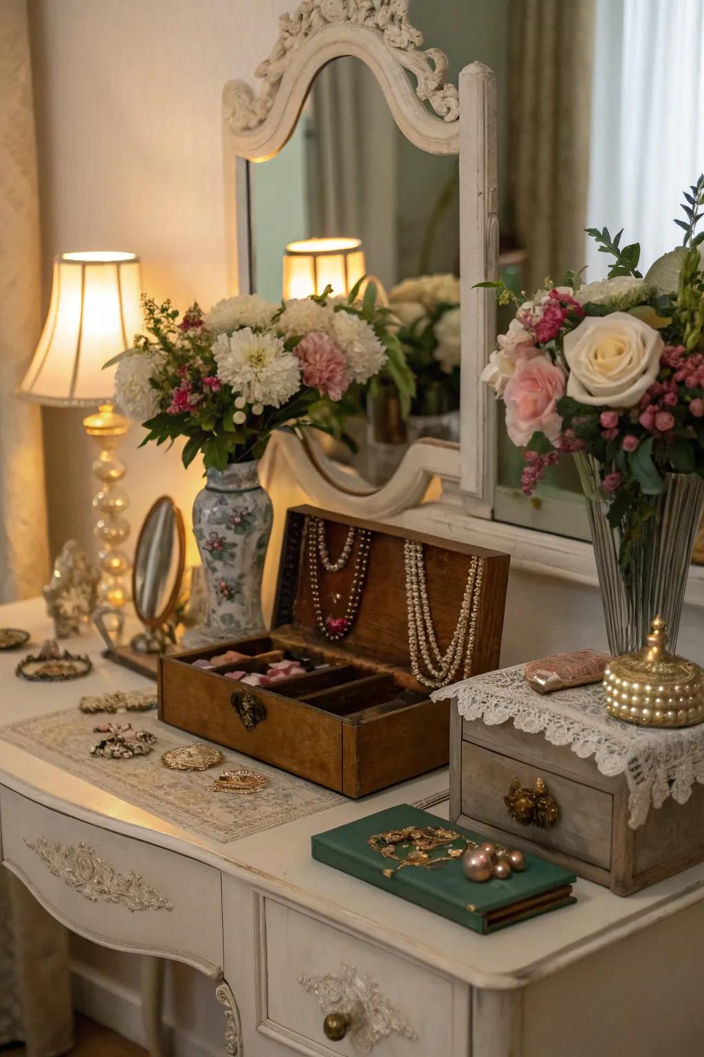 Jewelry boxes and vintage lamps enrich the charm of your vanity.