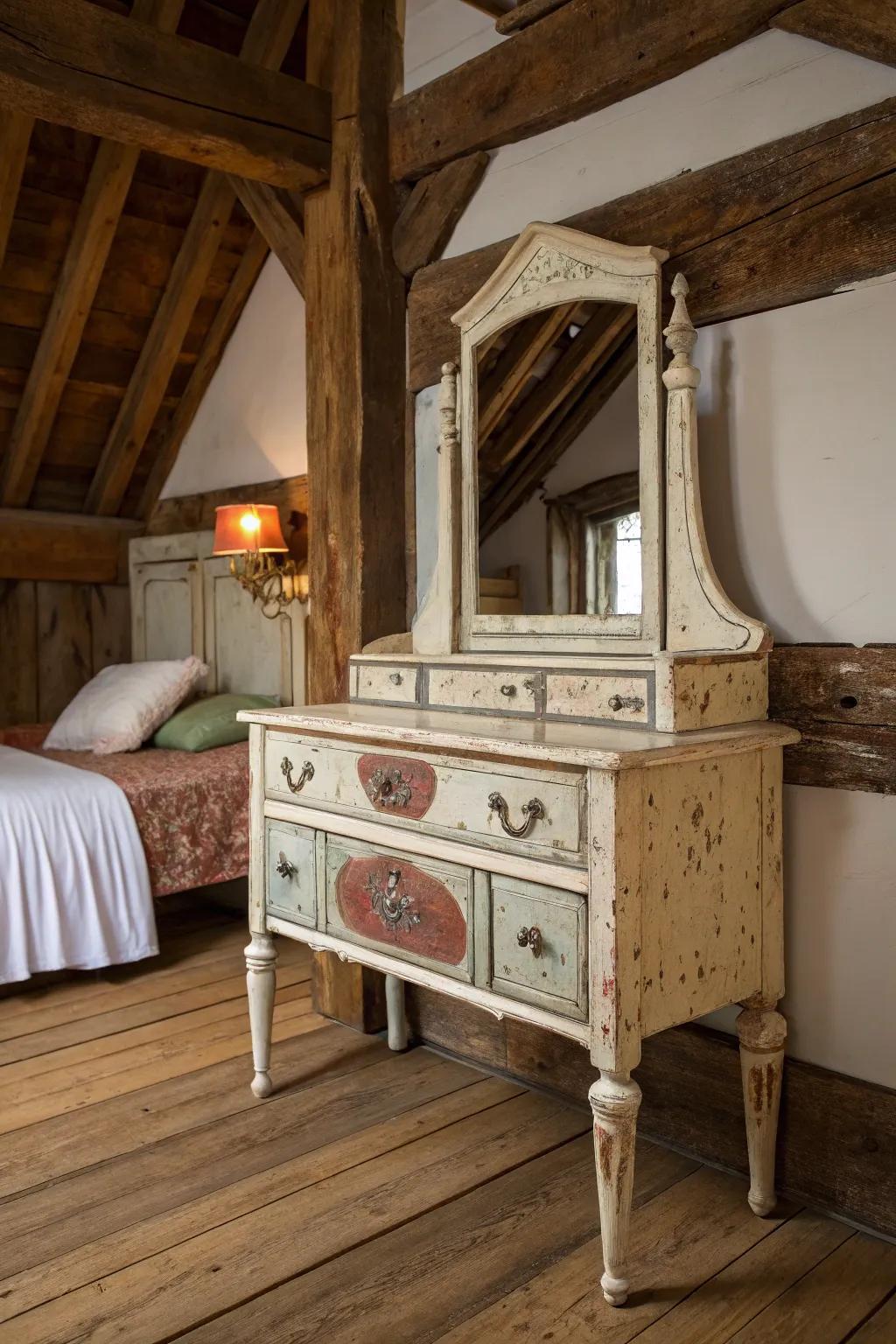 Distressed wood finish radiates rustic charm in vintage vanities.