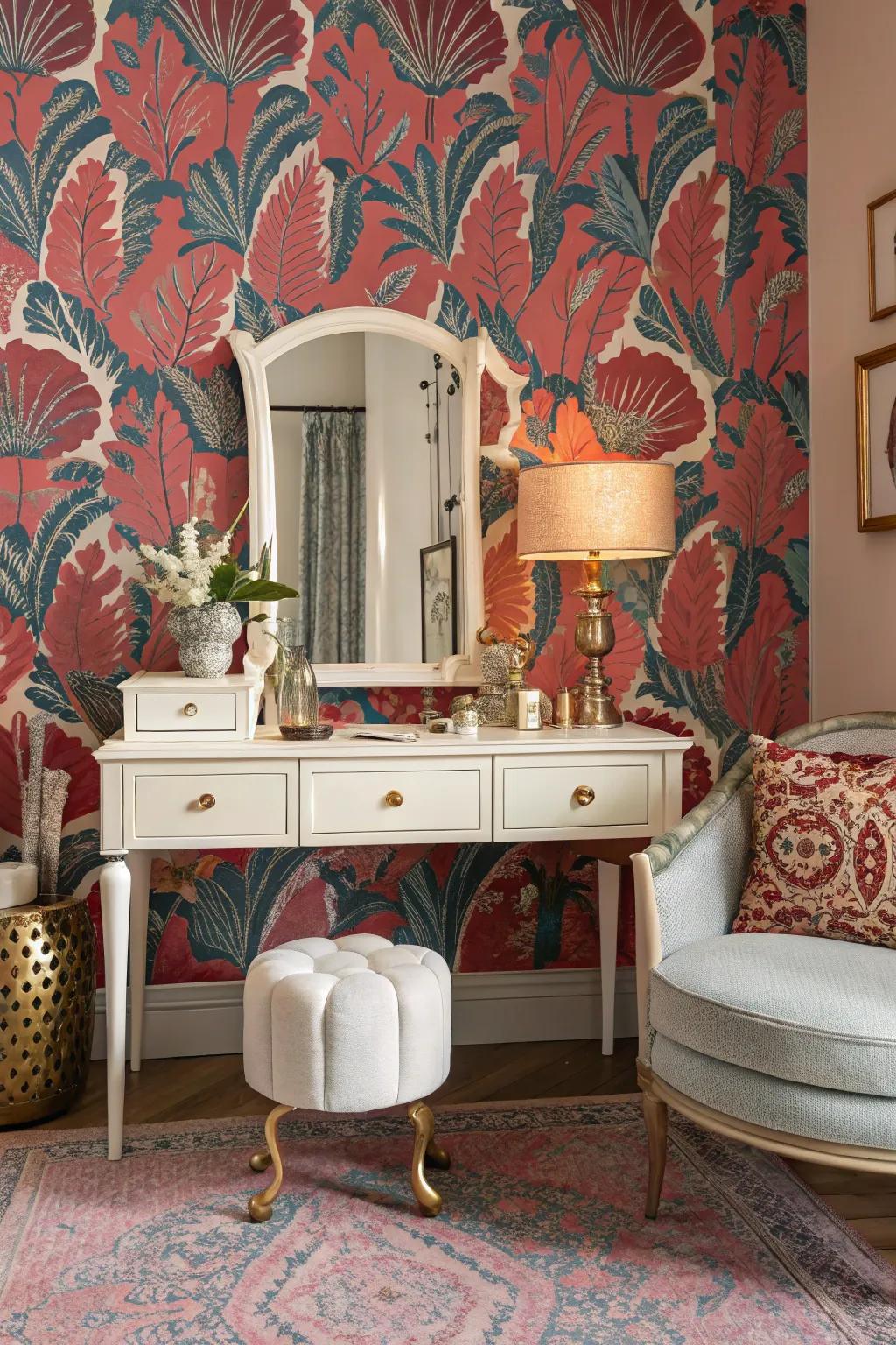 Dramatic wallpapers serve as perfect backdrops for vintage vanities.