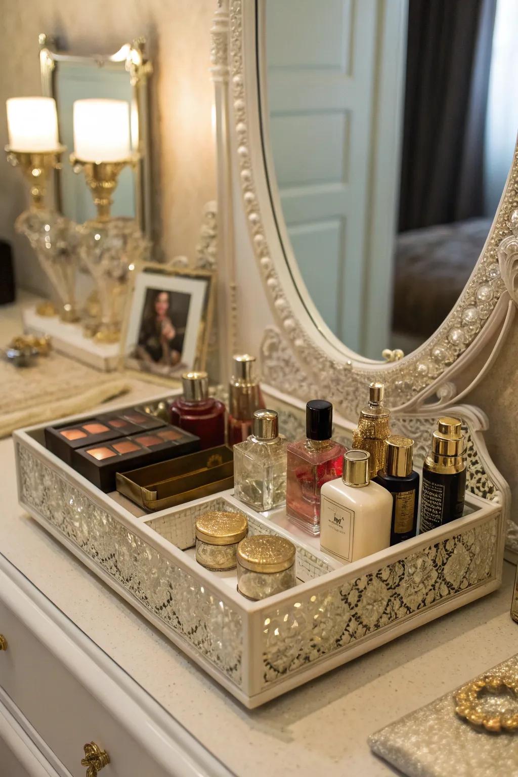 Ornate vintage trays organize vanity essentials stylishly.