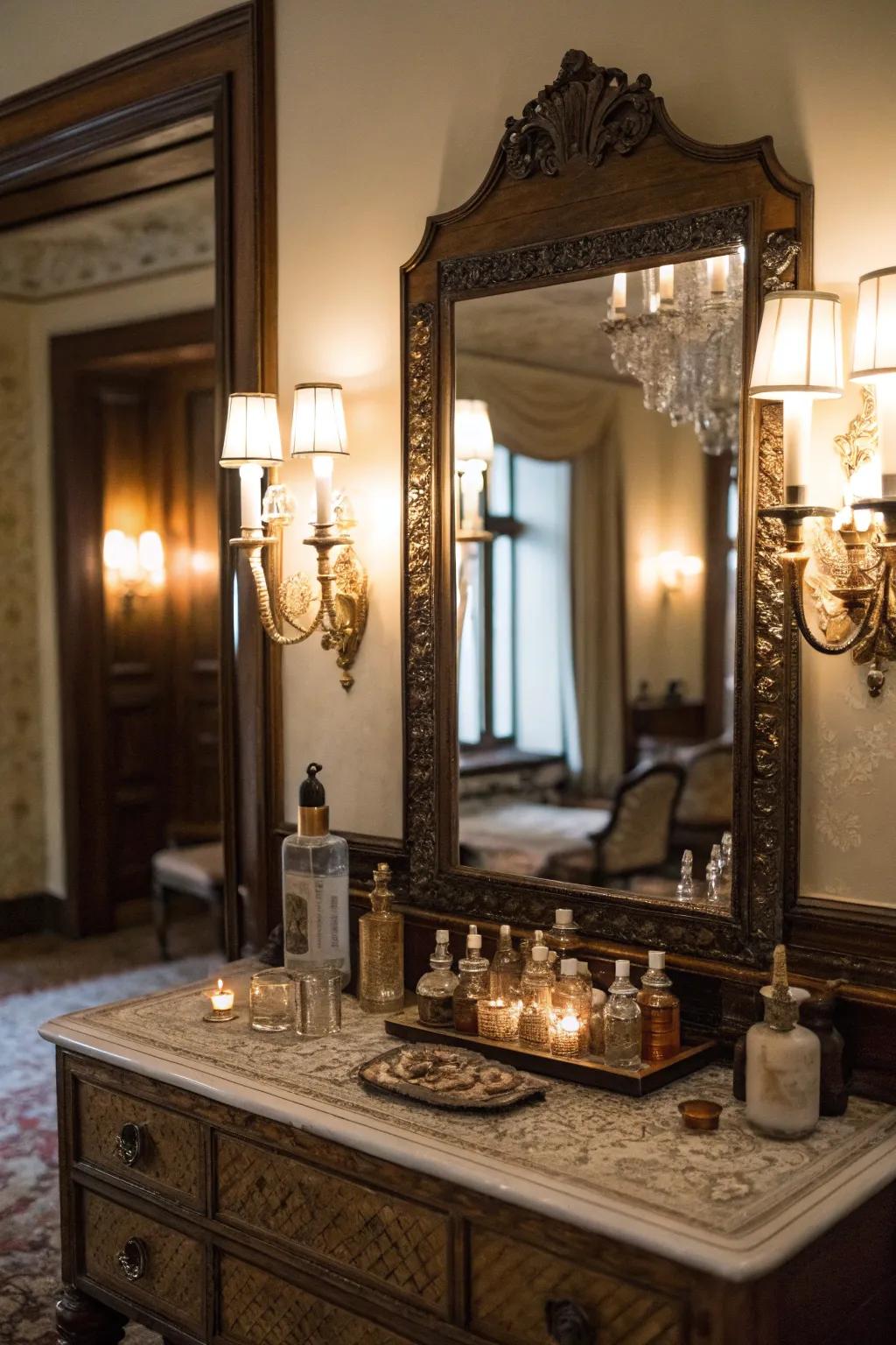 Soft vintage lighting creates inviting vanity ambiance.
