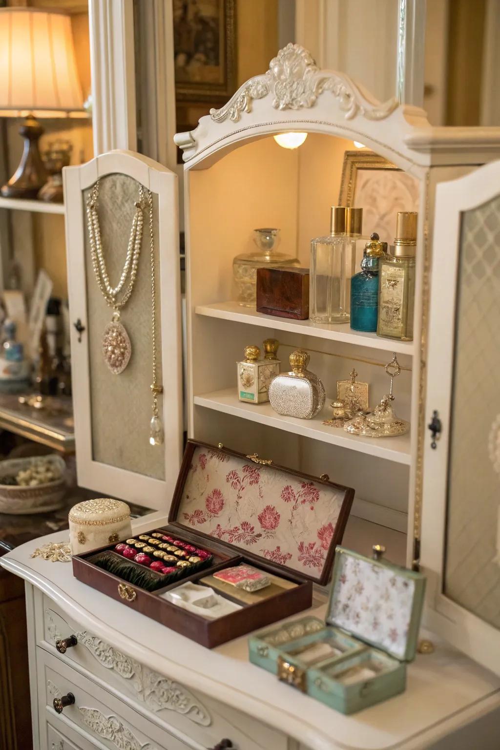 Open shelves beautifully feature vintage collections.