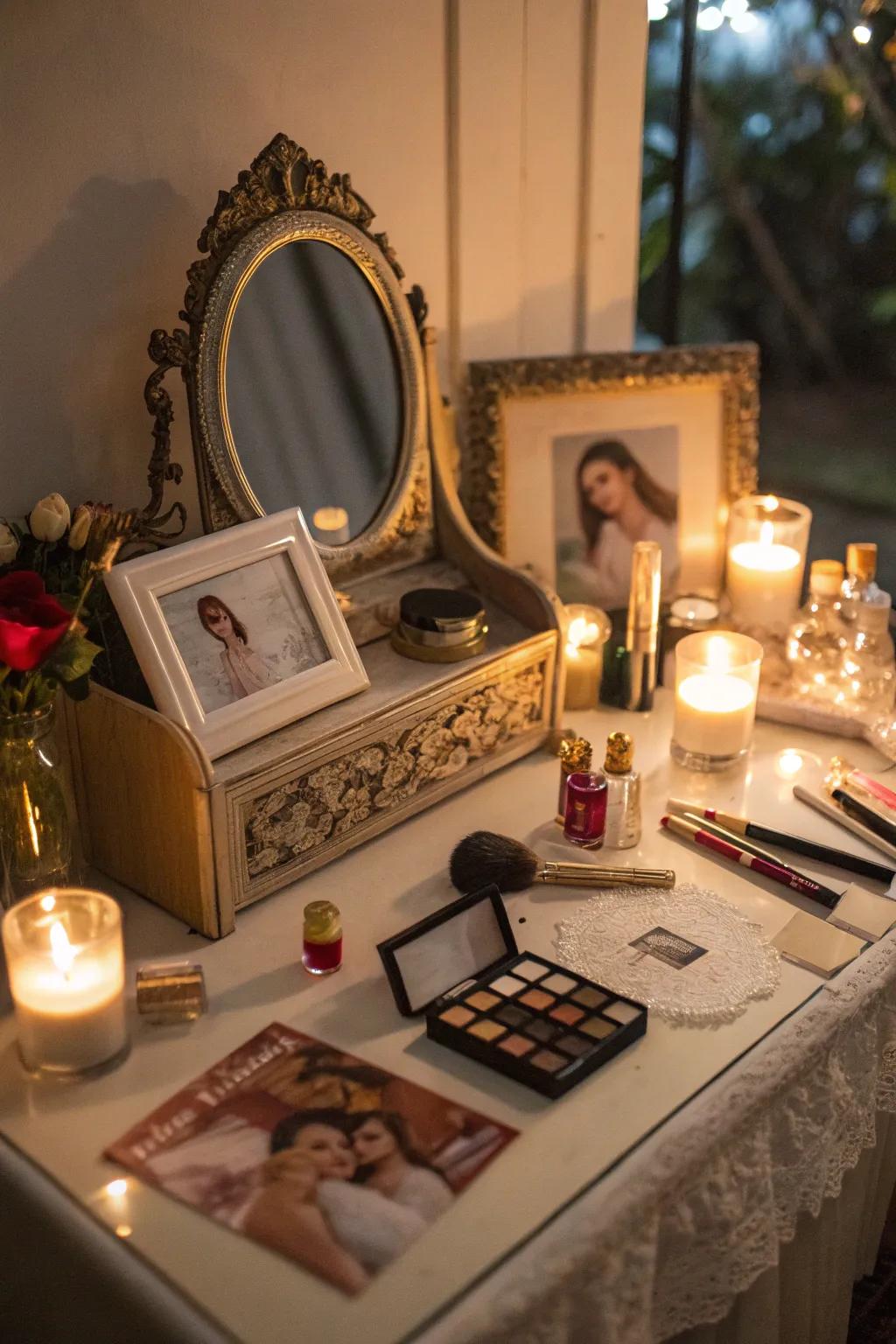 Personal items like photos and candles warm your vanity space.