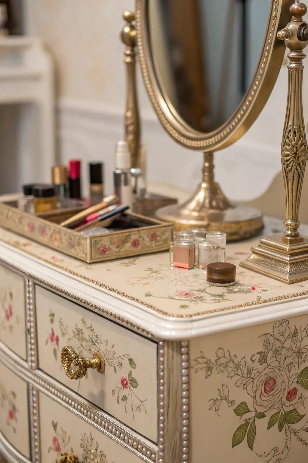 Metallic details add elegance to vintage vanities.