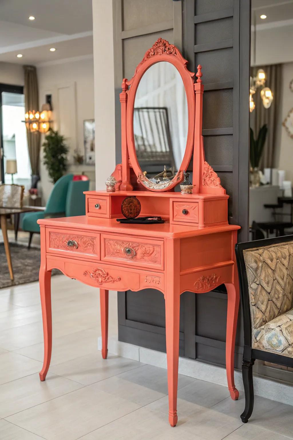 A vintage vanity painted in vibrant coral makes a bold statement.