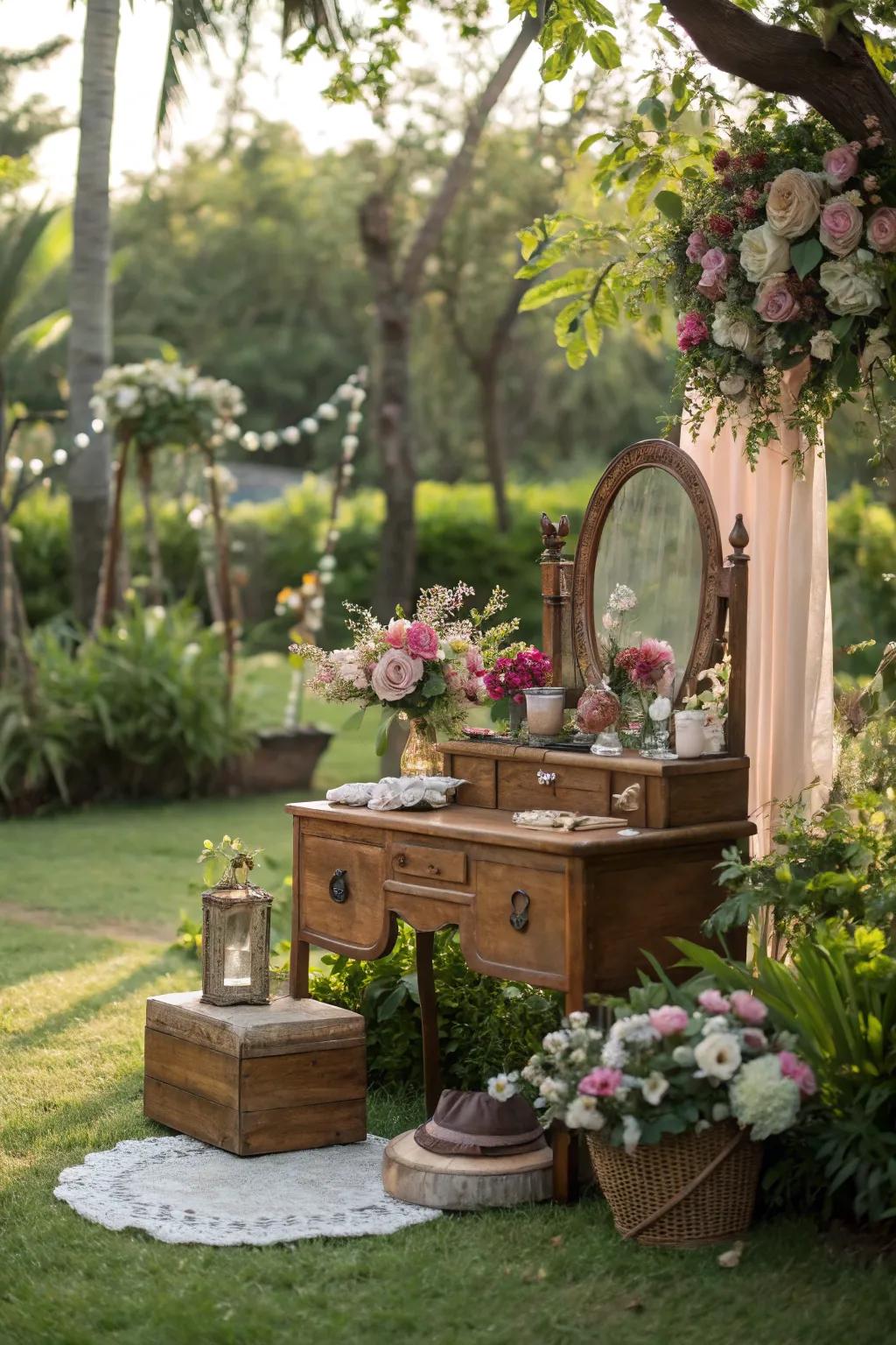A vintage vanity elegantly arranged in a garden setting.