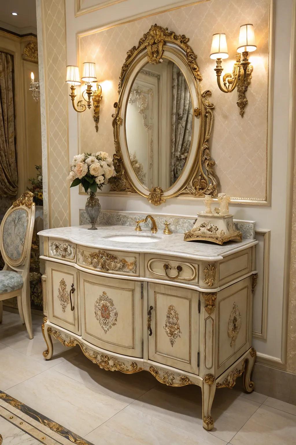 Victorian style mirrored vanity embodies classic elegance.