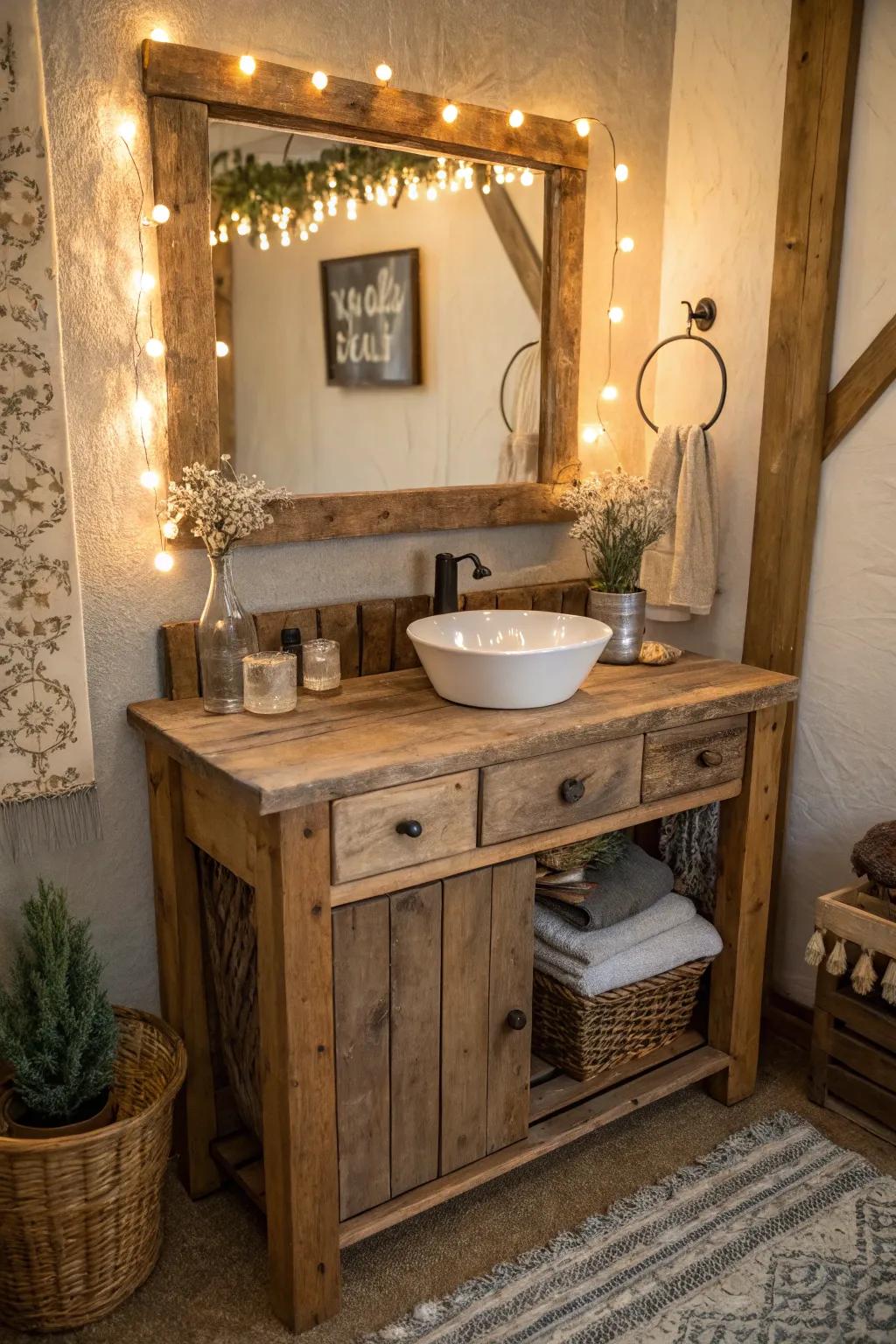 Vanity crafted from reclaimed wood adds rustic character.